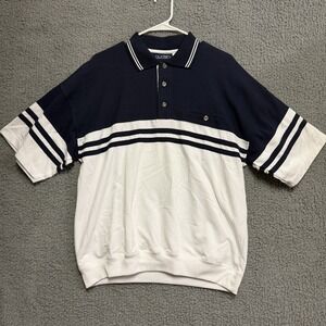 Puritan Men's Large L Navy Blue White Striped Polo Shirt Short Sleeve Cotton
